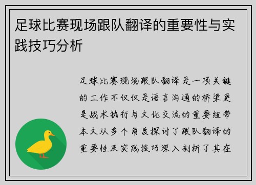 足球比赛现场跟队翻译的重要性与实践技巧分析