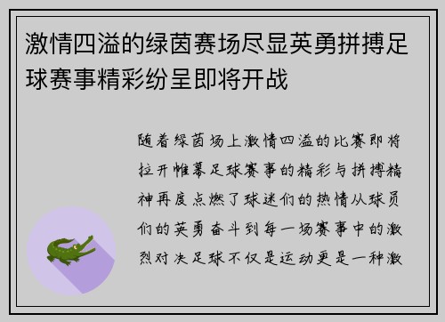 激情四溢的绿茵赛场尽显英勇拼搏足球赛事精彩纷呈即将开战