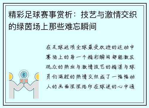 精彩足球赛事赏析：技艺与激情交织的绿茵场上那些难忘瞬间