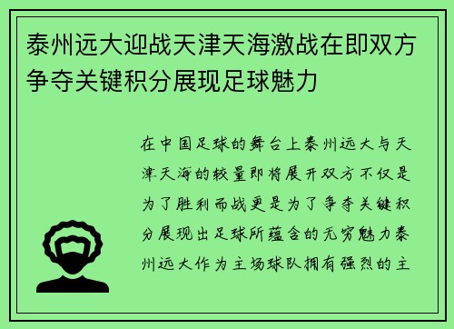 泰州远大迎战天津天海激战在即双方争夺关键积分展现足球魅力